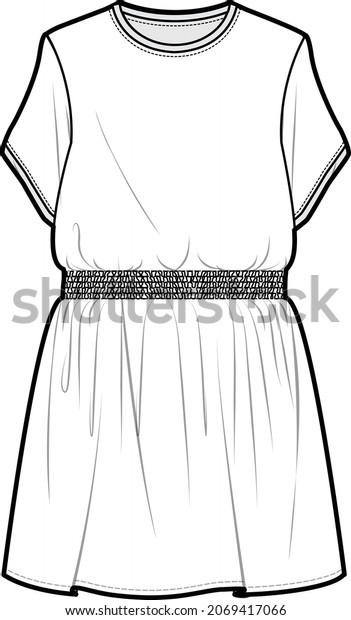 t shirt\
dress women short sleeve round neckline elasticated waistband t\
shirt dress flat sketch vector\
illustration