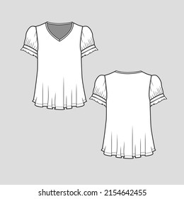 t shirt fashion gathering sleeve frill hem detail v neck  flare top blouse clothing flat sketch technical drawing template design vector