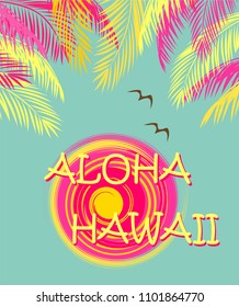 T shirt fashion print with Aloha Hawaii lettering, palm leaves, seagull and sun. Flat design