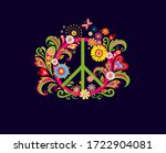T shirt fashion print on the dark background with Peace Hippie flower Symbol for textile art. 