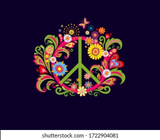 T shirt fashion print on the dark background with Peace Hippie flower Symbol for textile art. 