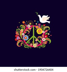 T shirt fashion print on the dark background with Peace Hippie flower Symbol and flying paper cutting dove