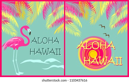 T shirt fashion prints variation wit Aloha Hawaii lettering, palm leaves, sun, seagull and pink flamingo. Flat design