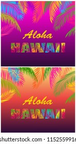 T shirt  fashion prints variation with Aloha Hawaii lettering with colorful palm leaves on dark night background