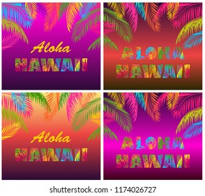 T shirt  fashion prints variation with Aloha Hawaii lettering and colorful palm leaves on neon night background