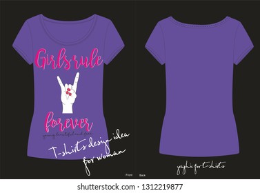 T shirt fashion trendy lettering Girl rule forever, rock'n'roll with hand with nail polish