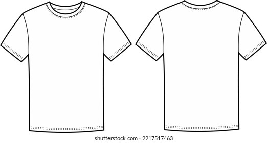 T shirt flat sketch. Casual wear apparel design. Front and back. Men CAD mockup. Fashion technical drawing template. Vector illustration.