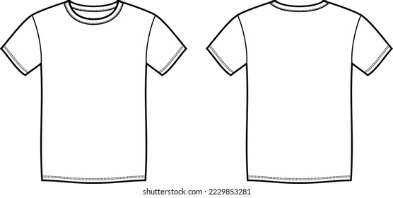 T shirt flat sketch. Casual wear apparel design. Front and back. Men CAD mockup. Fashion technical drawing template. Vector illustration. 