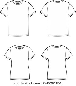 T shirt flat sketch. Casual wear apparel design. Front and back. Men and women CAD mockup. Fashion technical drawing template. Vector illustration.