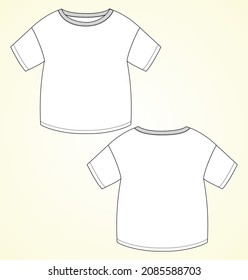 T- Shirt Flat Sketch Drawing Vector Illustration Template For Kids. Apparel Clothing Design Mock up Front and back views.