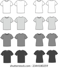 T shirt flat sketch set. Casual wear apparel design. Front and back. Men amd women CAD mockup. Fashion technical drawing template. Vector illustration.