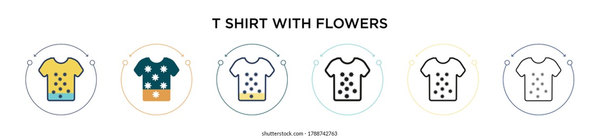 T shirt with flowers icon in filled, thin line, outline and stroke style. Vector illustration of two colored and black t shirt with flowers vector icons designs can be used for mobile, ui, web