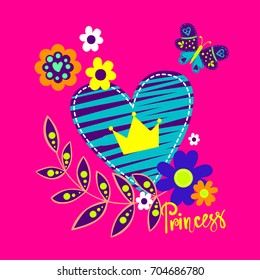t shirt girlish desing on pink background with flowers, twig, leaves, butterfy, big heart, crown, hand written calligraphic word Princess. Girlish illustration with floral motives
