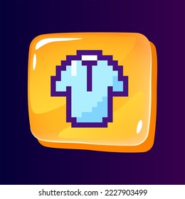T shirt glossy ui button with pixelated color icon. Fashion store. Buy garment on internet. Editable 8bit graphic element on shiny glass rectangle shape. Isolated image for arcade, video game design