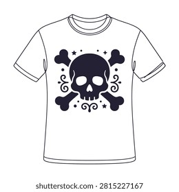 T shirt graphic design featuring a stylized skull and crossbones with swirls