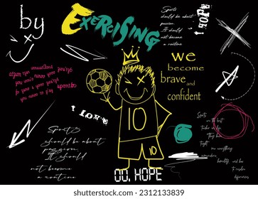 t shirt graphics print vector illustration design,  child's drawing of a boy playing soccer, text splash t shirt print patterns,  typography street art graffiti slogan