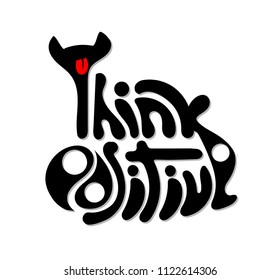 T shirt graphics slogan tee print design "Think positive". Vector motivational lettering. Hand drawn typography poster. Vector illustration with cat and yin yang symbol. Isolated, EPS 10