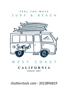 T shirt graphics slogan tee print design. Surf summer vacation concept surfer van.