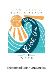 T Shirt Graphics Slogan Tee Print Design. Ride The Waves Text. Surf And Summer Concept Retro Vintage Style