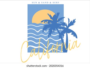 T shirt graphics slogan tee print. Surf summer concept design with blue waves and sun