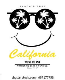 T shirt graphics / Vector print design with California typography and palm trees sunglasses