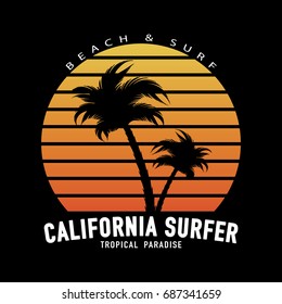 T shirt graphics / Vector print design / California surfer typography with palm trees and sun sunset