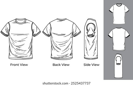 T shirt illustration.Hand drawn of a basic man t-shirt from three different views: front, back, and side isolate background.