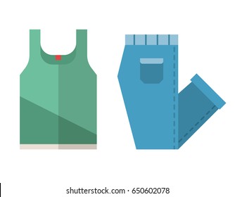 T Shirt And Jeans Icons In Flat Design. Casual Clothes Vector Illustration With Folded Pants And Singlet.
