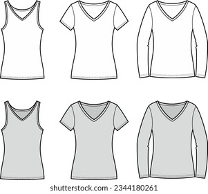 T shirt, jumper, tank top flat sketch. Set of casual wear apparel design. Women CAD mockup. Fashion technical drawing template. Vector illustration.