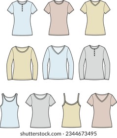 T shirt, jumper, tank top, strap top flat sketch. Set casual wear apparel design. Women CAD mockup. Technical drawing template. Vector illustration.