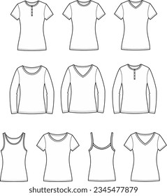 T shirt, jumper, tank top, strap top flat sketch. Casual wear set apparel design. Women CAD mockup. Technical drawing template. Vector illustration.