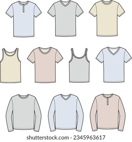 T shirt, jumper, tank top, strap top flat sketch. Casual wear set apparel design. Men CAD mockup. Technical drawing template. Vector illustration.