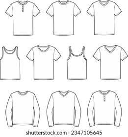 Camiseta para hombres, saltador, camiseta para tanques, correa arriba. Establecer. CAD de moda. Ilustración vectorial.