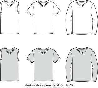 T shirt, jumper, tank top flat sketch. Set of casual wear apparel design. Men CAD mockup. Fashion technical drawing template. Vector illustration.