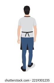 T Shirt Male Model with Apron and Cap Back Standing Full Body Vector Flat Illustration