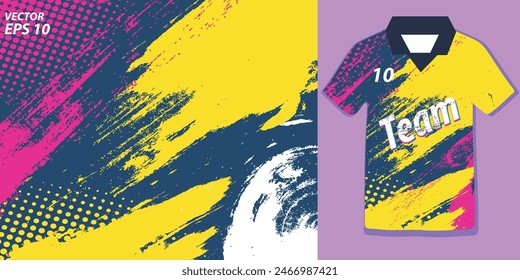 Diseño de camiseta deportiva de maqueta T Shirt con grunge amarillo púrpura y efecto semitono, para imprimir uniformes deportivos, camisetas, baloncesto, pesca y juegos