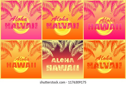 T shirt orange and pink prints variation with coconut palm leaves, Aloha Hawaii lettering, seagull and yellow sun