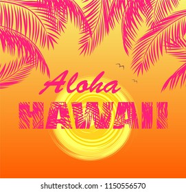 T shirt orange print with hot pink palm leaves, Aloha Hawaii lettering and yellow sun