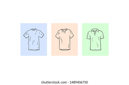 T shirt outline models decoration drawing inside different boxes . Simple shirts, fashion and clothing models arranged in straight line set of logo icons. Body shirts textile clothing set symbols.