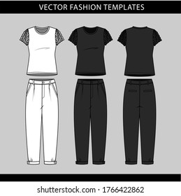 t shirt and  pant F
front and back view, fashion flat sketch template, casual outfit 