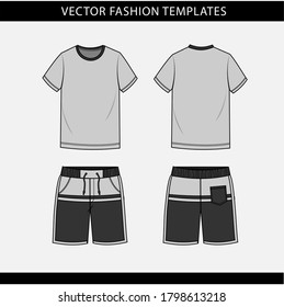 t shirt and pant front and back view, Fashion vector illustration on grey background, fashion flat sketch template