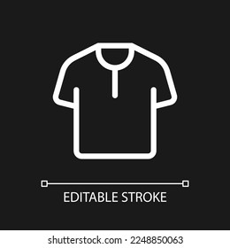 T shirt pixel perfect white linear ui icon for dark theme. Men clothing store. E commerce. Vector line pictogram. Isolated user interface symbol for night mode. Editable stroke. Arial font used