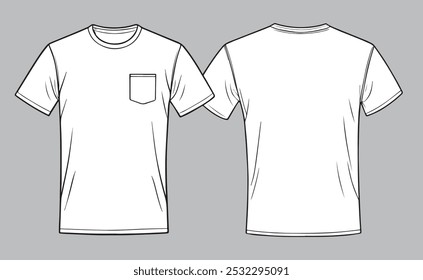 T shirt with pocket design template, front and back view. Blank T Shirt for mockup, vector illustration.