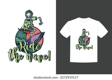 t shirt poster design with illustration skeleton surfing board