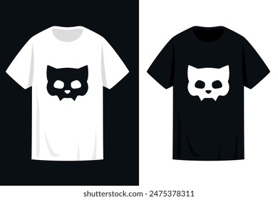 T shirt print design with cat skull in black and white colors. Vector illustration