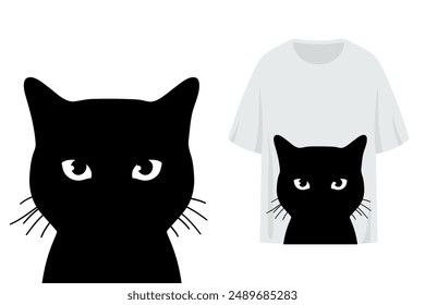 T shirt print design with cat silhouette with eyes and whiskers. Monochrome cat looking at camera. Vector illustration