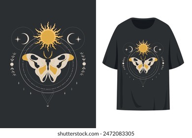 T shirt print design with celestial space butterfly monarch. Decorated with sun, crescents and geometric shapes. Vector illustration