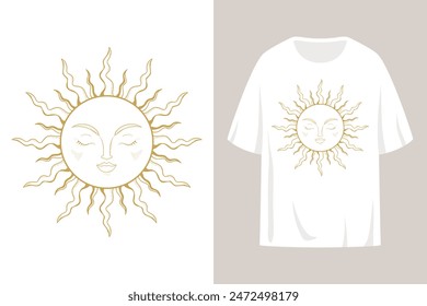 T shirt print design with a golden magical sun symbol outline. Sun with human face and closed eyes. Vector illustration