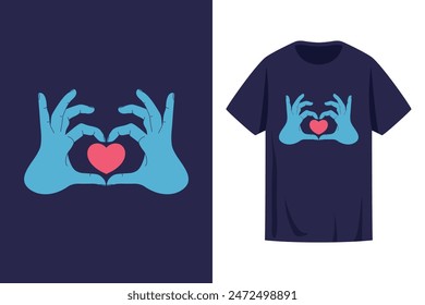 T shirt print design with human hands making heart sign on blue background. Hands holding heart logo. Vector illustration