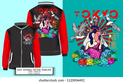 T shirt print design or Jacket Japanese style.Geisha with Lotus and Sakura background. Mock up T shirt,Jacket and Graphic printing. Vector illustration. Japanese Translation: Geisha